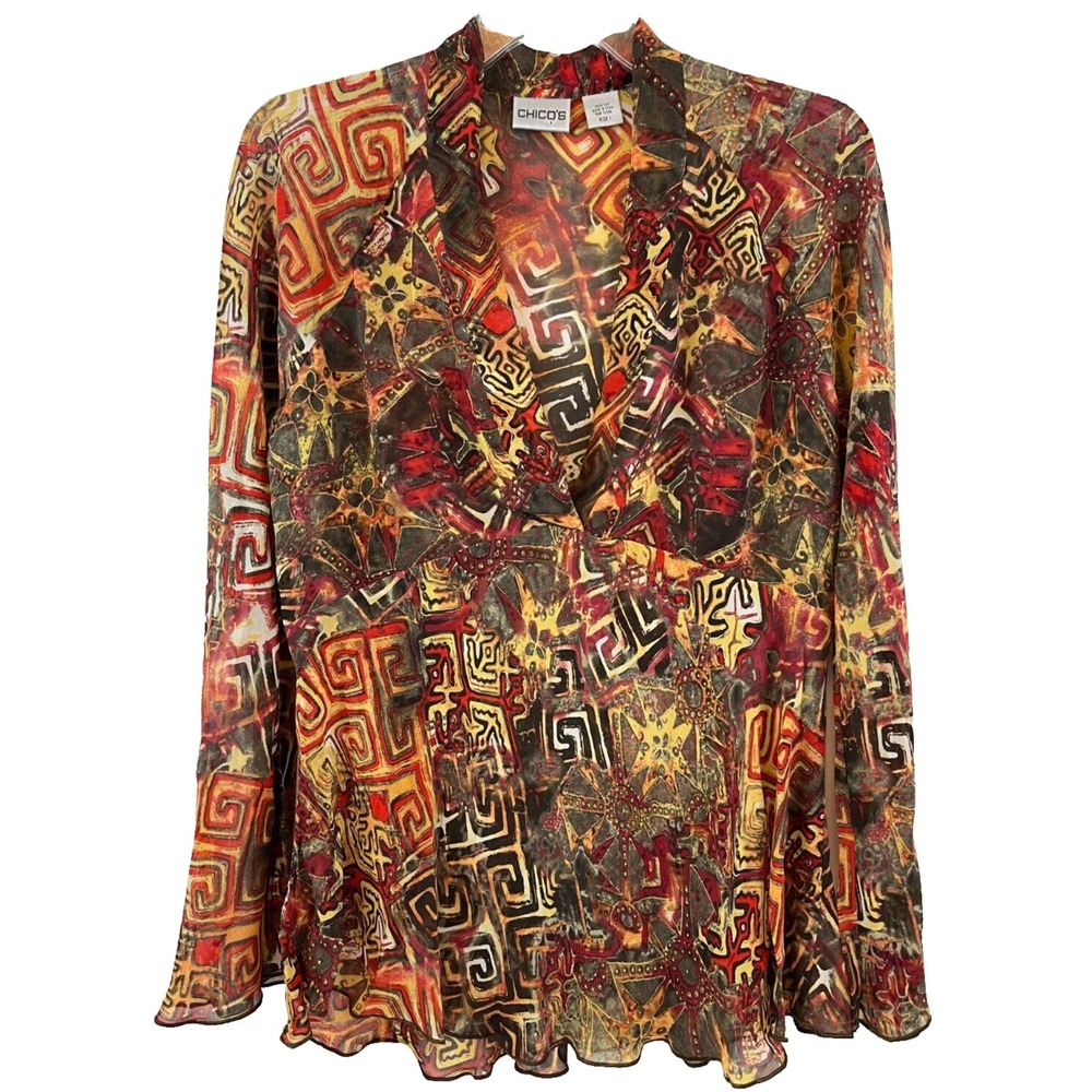 Chico's Top Size 1 (Medium 8) 100% SILK Empire Waist V-Neck Sheer Aztec Art
